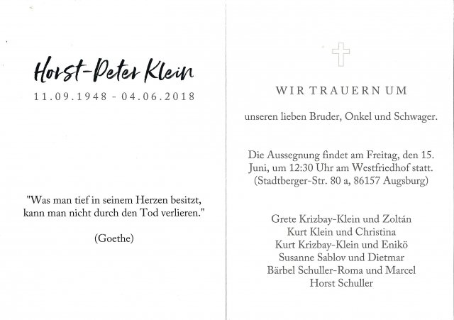 Klein Horst-Peter 1948-2018 Todesanzeige